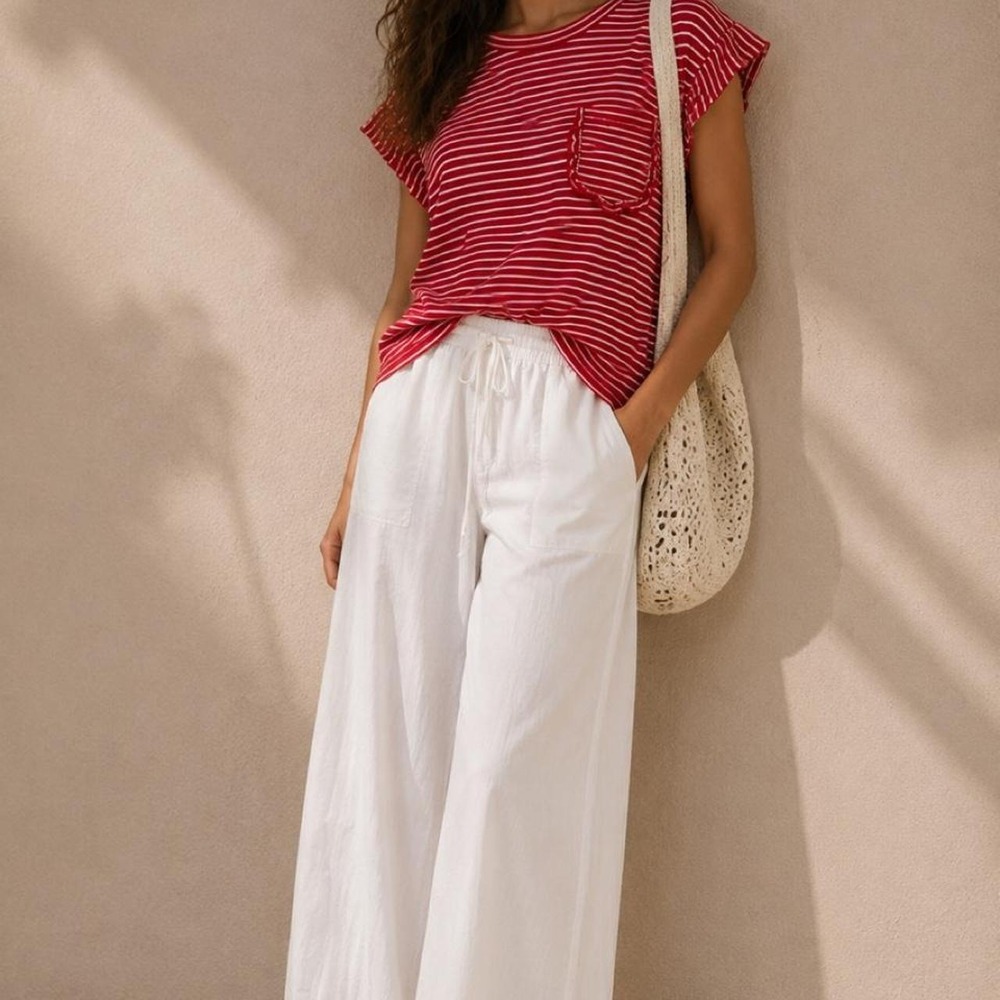 JustFashionNow Red White Striped Ruffle Pocket Flutter Sleeve Top Womens Large